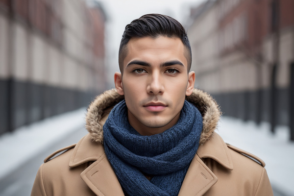 In this image a young man is standing on a snow-covered street wearing a beige coat and a blue scarf around his neck.