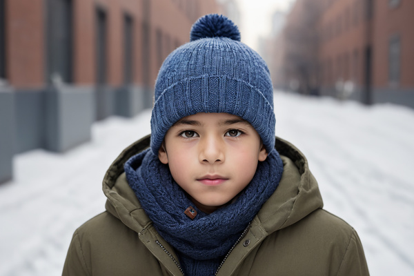 In this image a young boy is standing in the middle of a snow-covered street wearing a blue winter coat a hat and a scarf.