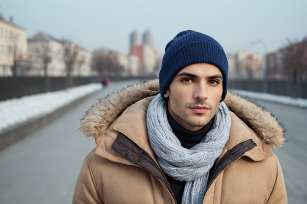 A Man Wearing a Beanie and a Scarf on the Street