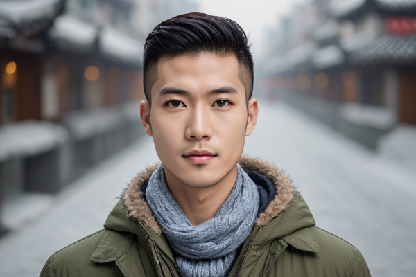 In this image a young asian man is standing on a snow-covered street wearing a green jacket and a scarf around his neck.