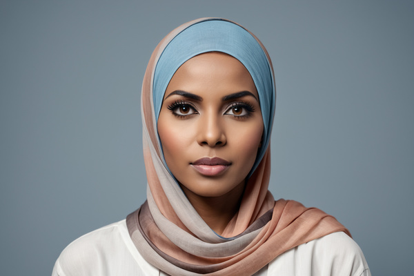 A Beautiful Muslim Woman Wearing a Hijab on a Gray Background