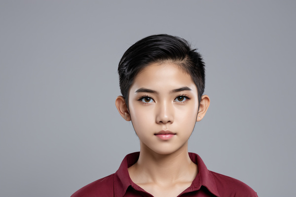 In this image a young asian boy is posing for a portrait on a gray background.