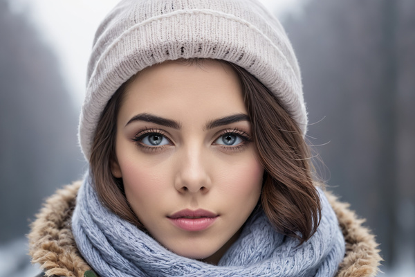 A Beautiful Young Woman Wearing a Hat and Scarf in the Snow