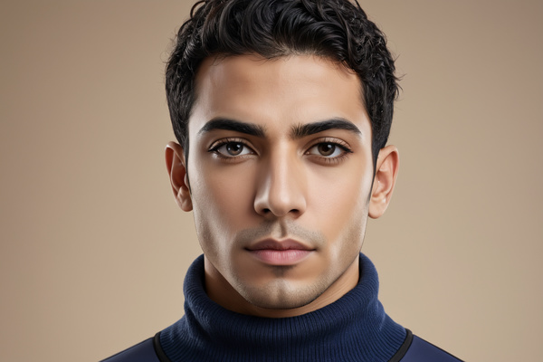 In this image a young man wearing a blue turtleneck shirt is posing for a portrait.