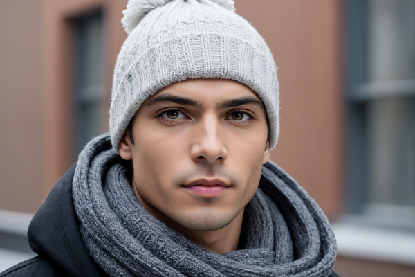 The image features a young man wearing a gray beanie a scarf and a jacket.