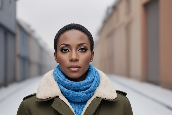 In this image a beautiful african-american woman is standing in the middle of a snow-covered alleyway.