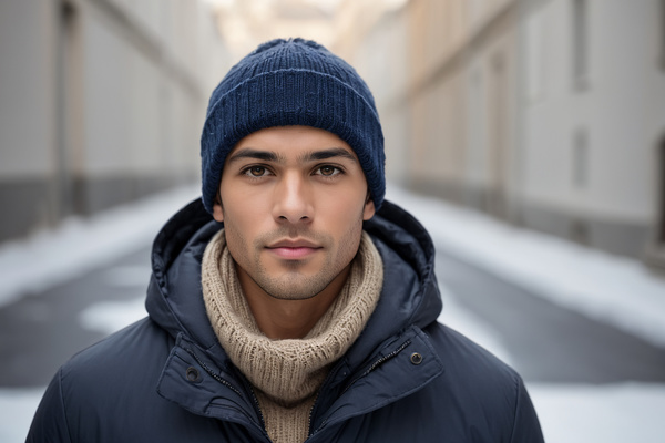 The image features a young man wearing a blue jacket a beanie and a scarf.