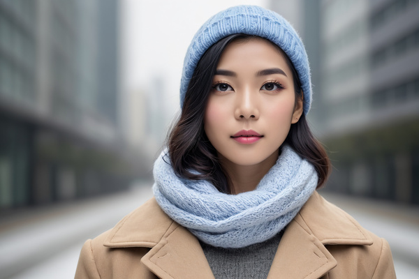 An Asian Woman Wearing a Hat and Scarf in the City