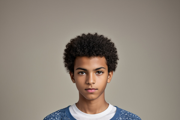 In this image a young man with an afro hairstyle is posing for a portrait.