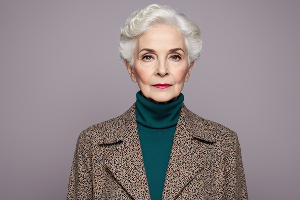 An Older Woman Wearing a Coat and a Turtleneck