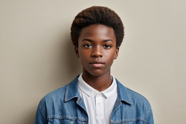 In this image a young african-american boy is standing against a beige wall wearing a denim jacket and a white shirt.
