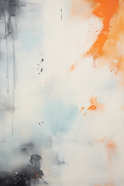 The image depicts an abstract painting with various shades of blue orange and white.