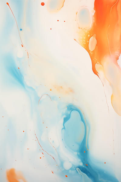 The image captures the essence of an abstract painting showcasing various shades of blue orange and white paint splattered across the canvas.