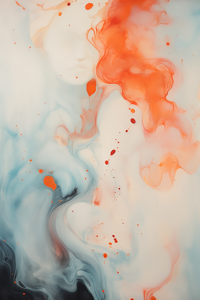 An Abstract Painting with Red Orange Blue and White Swirls
