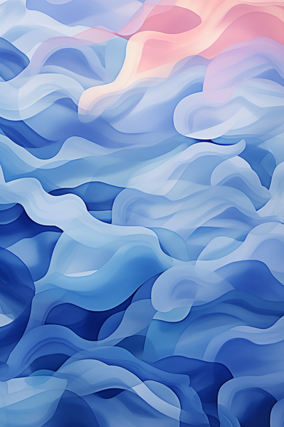 An Abstract Painting of Blue and Pink Waves on a Blue Sky Background