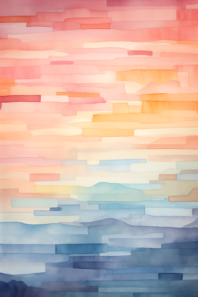 A Watercolor Painting of a Sunset over the Ocean with Mountains in the Background