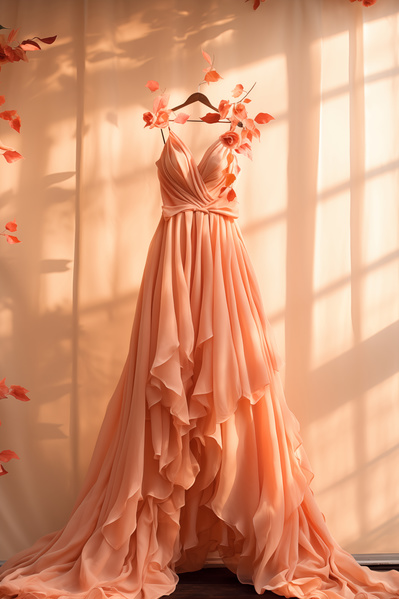 In this image there is a beautiful peach-colored dress hanging on a mannequin in front of a window.