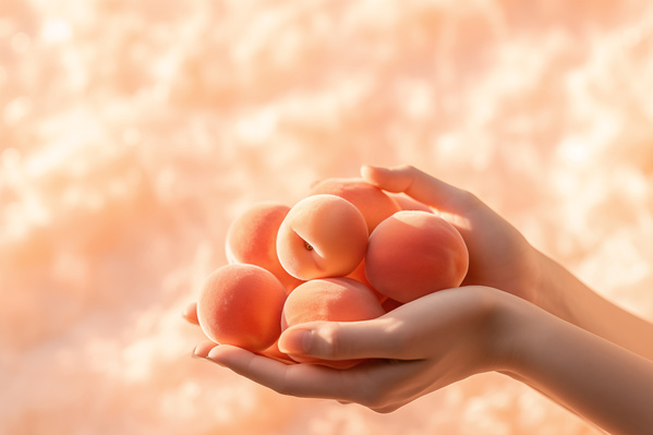 A Person Holding a Bunch of Peaches in Their Hands with a Background