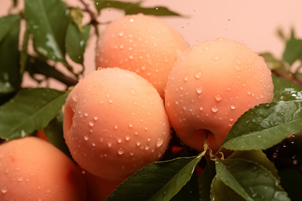 In this image there are several peaches with water droplets on them hanging from a tree branch.