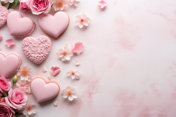 Pink Heart Shaped Cookies and Pink Flowers on a White Background