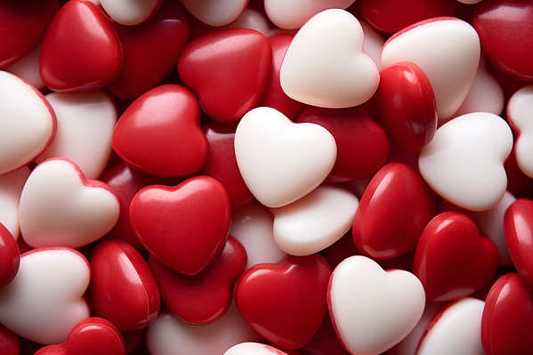 A Close up of a Pile of Red and White Heart Candies