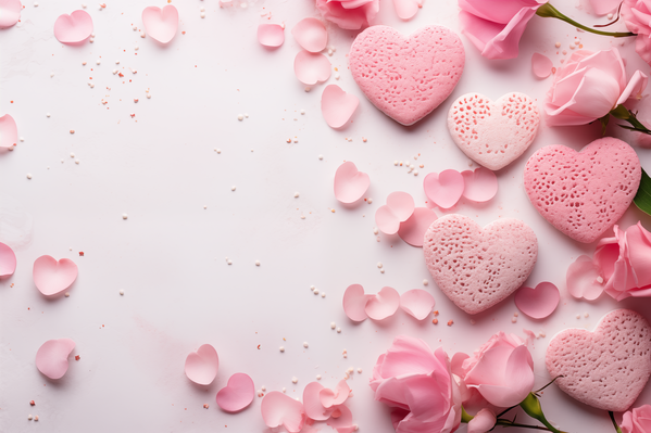 There Are Pink Hearts and Pink Petals on a White Background