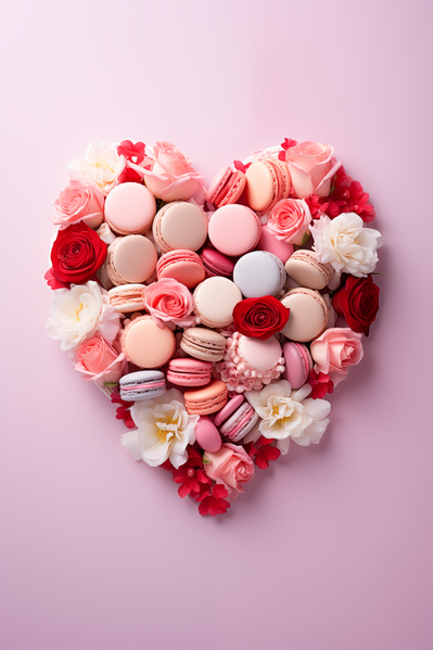 A Heart Shaped Arrangement of Macaroons and Flowers on a Pink Background