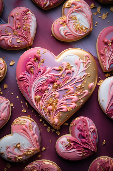 Many Pink and White Heart Shaped Cookies on a Purple Background