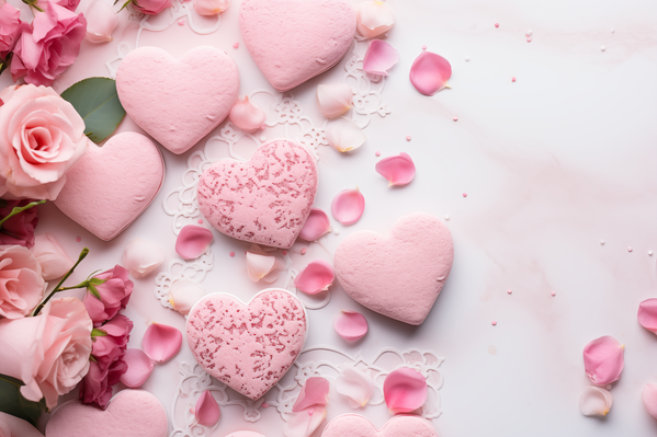 The image showcases a beautiful arrangement of pink roses and heart-shaped treats on a marble surface.