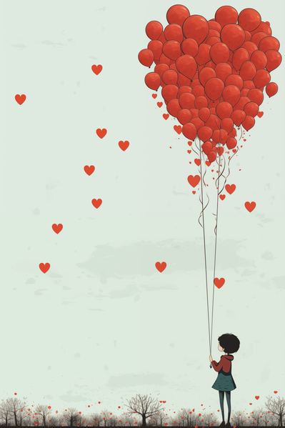 The image depicts a young girl holding a large red heart-shaped balloon surrounded by smaller red heart-shaped balloons.