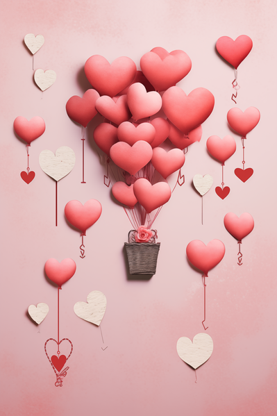 The image showcases a heart-shaped hot air balloon floating above a pink background.