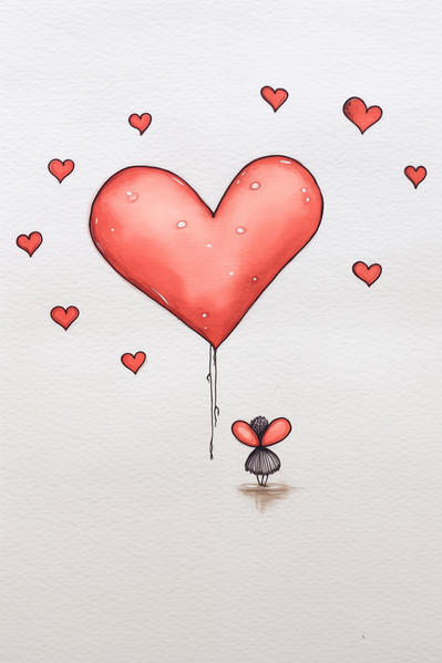 The image depicts a heart-shaped balloon floating in the sky with a small fairy sitting on top of it.