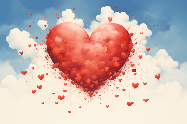 A Large Red Heart Floating in a Blue Sky with White Clouds around It