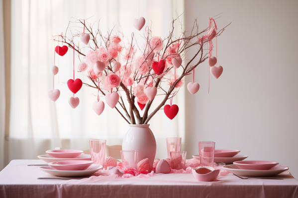 The image showcases a beautifully decorated dining table set for a romantic valentine's day celebration.