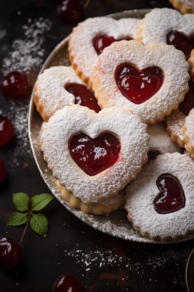 A Plate of Heart Shaped Cookies with Cherries and Powdered Sugar