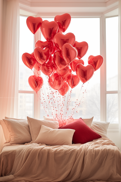 In this image a bed is adorned with a large number of red heart-shaped balloons creating a romantic and festive atmosphere.