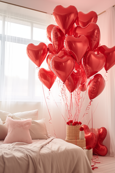 The image showcases a bedroom decorated for valentine's day with a large number of red heart-shaped balloons filling the space.