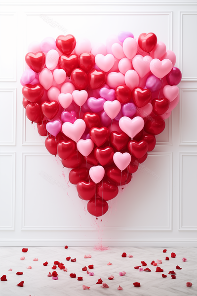 In this image a large heart-shaped arrangement of pink and red heart-shaped balloons is displayed on a white wall.