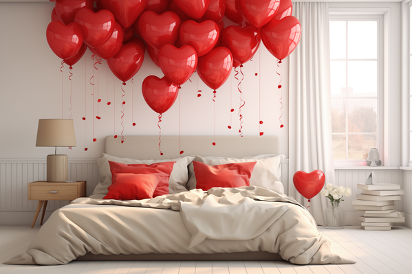 A Bedroom with Red Balloons Hanging from the Ceiling