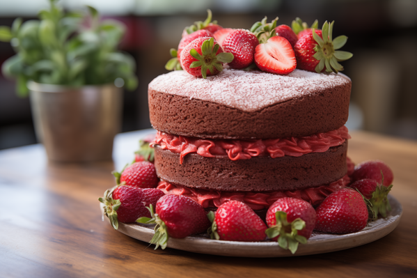 A Chocolate Cake with Strawberries on a Table