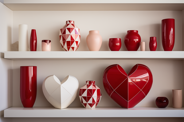 In this image there are two white shelves filled with various red and white vases bowls and other decorative objects.