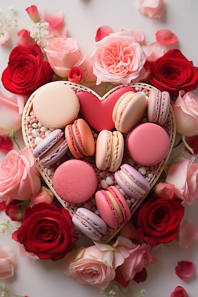 A Heart Shaped Box of Macaroons Surrounded by Pink Roses