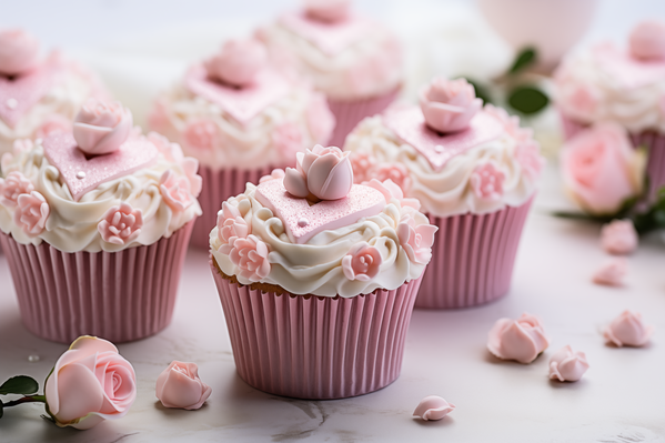 A Group of Cupcakes with Pink Frosting and Flowers