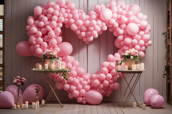 In this image a large heart-shaped arrangement of pink balloons is displayed on a wooden wall.