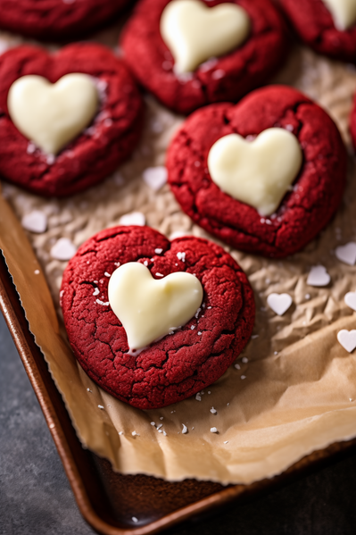 The image showcases a tray filled with heart-shaped red velvet cookies decorated with white frosting in the shape of a heart.