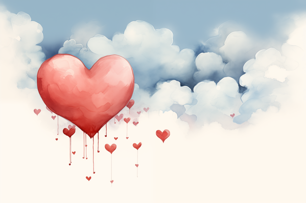 A Painting of a Large Red Heart Floating in the Sky Surrounded by Clouds