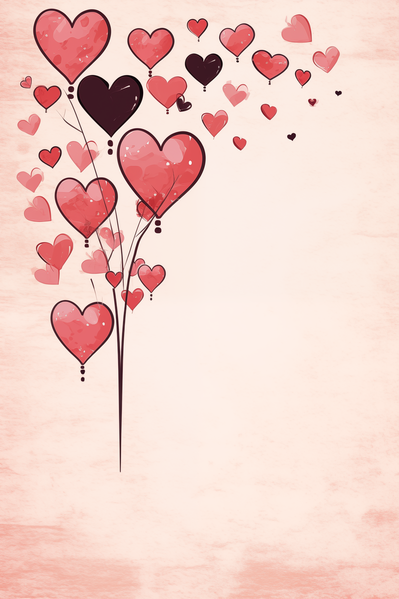 The image showcases a collection of heart-shaped balloons arranged in a tree-like formation on a pink background.