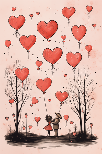 A Drawing of a Couple Holding Balloons in the Shape of Hearts
