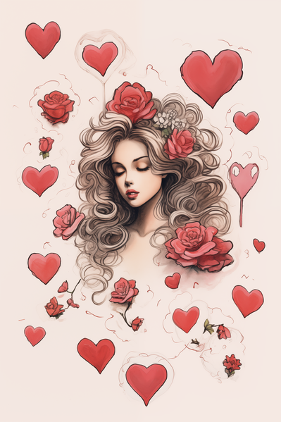 An Illustration of a Woman Surrounded by Red Roses and Heart Shapes