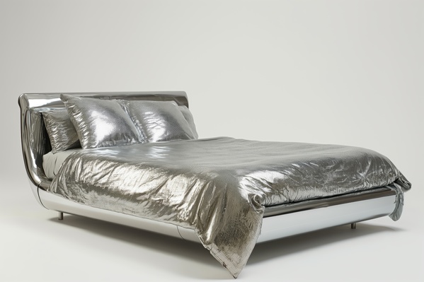 A Bed with Shiny Silver Sheets and Pillows on a White Background